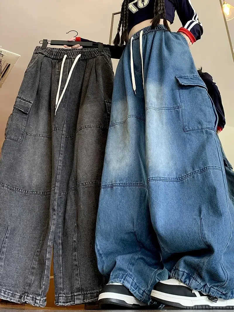 Jean Cargo Jeans larghi da lavoro a gamba larga Jeans elastici in vita e pantaloni da donna Primavera Autunno Faion Waed Out Taglio dritto S260612