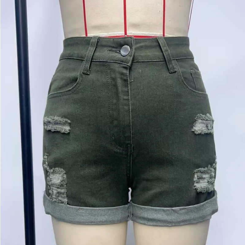 Street Womens Elastic Denim Shorts Style High Waist Comfortable Ultra-Short Tight Military Green Color M260612