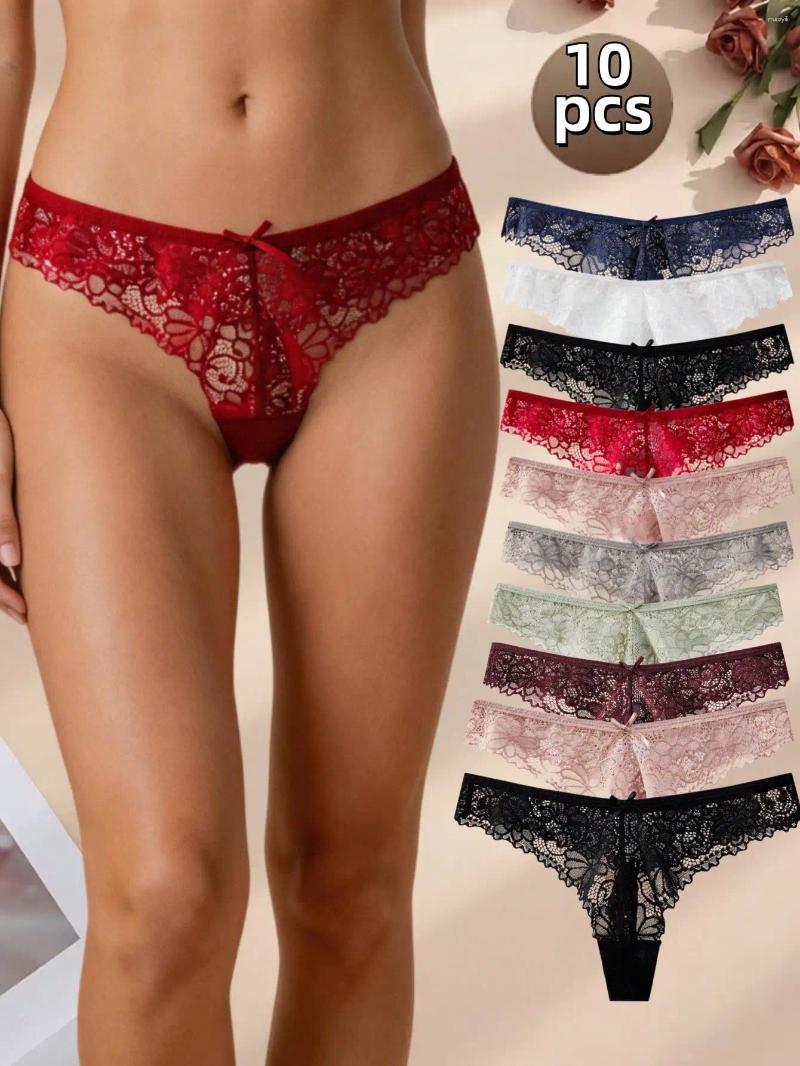 Women's Panties 10Pcs Floral Lace Sexy Bow Decor Low Rise Underwear Soft Breathable Ideal For Daily Wear Gym Parties