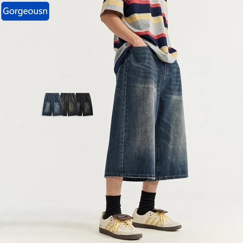 American Vintage Mens Distressed Loose Jorts Y2K Streetwear Washed Short Denim Pants Summer Casual Straight Knee Length Shorts 260609