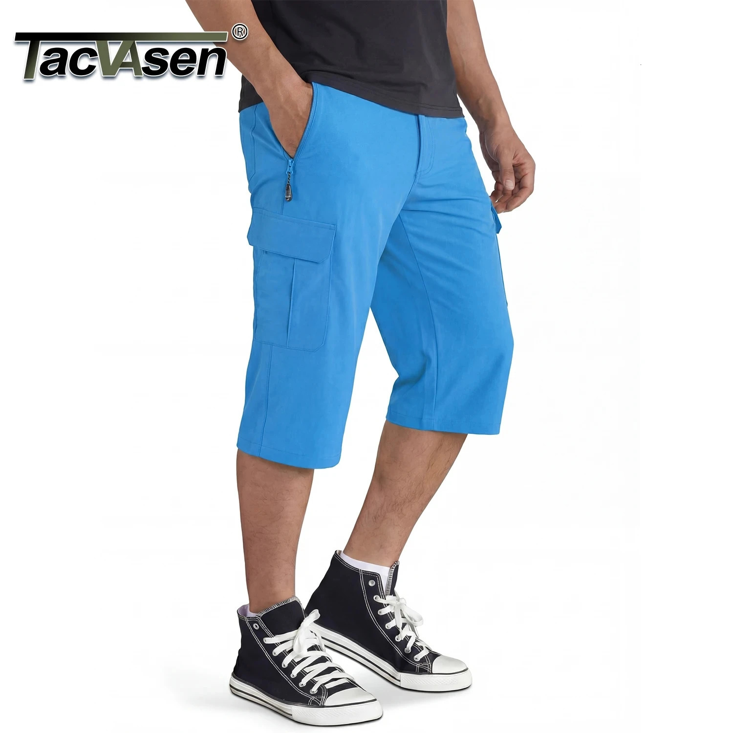 TACVASEN Below Knee Length 34 Long Shorts Mens Outdoor Capris Pants Multi Pocket Summer Twill Work Cargo Pants Man 260612
