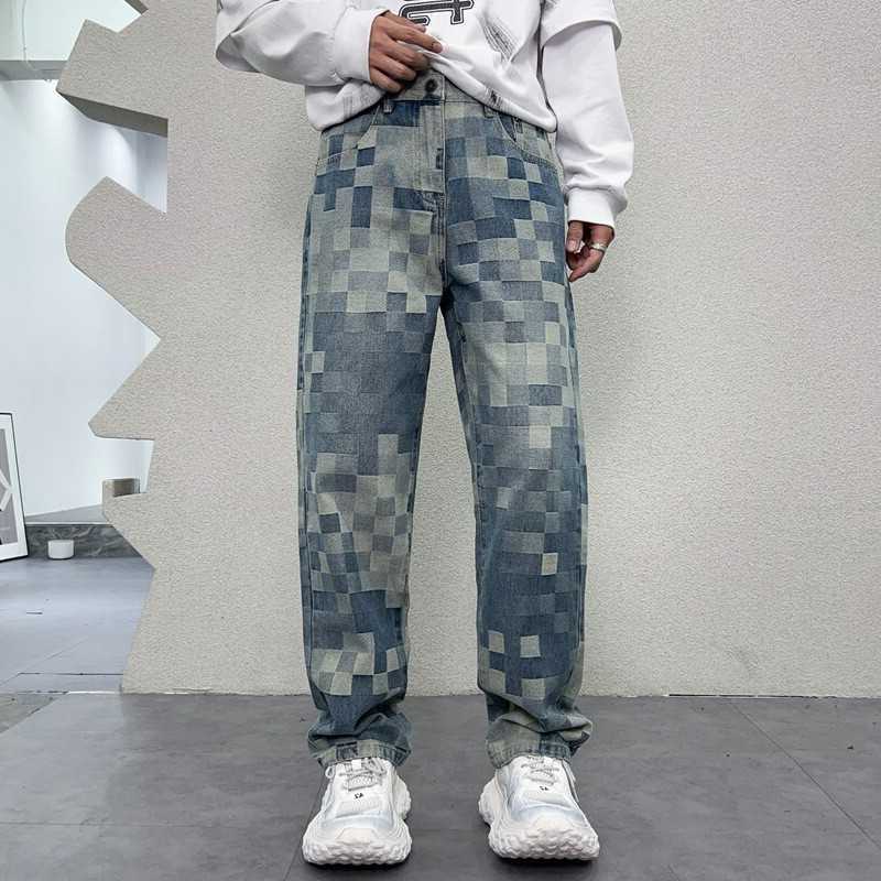 Designer Brand Loose Plus Size Straight Leg Mens Jeans Fashion Street Must-have Checkered Print Mens Denim Pants Washed Casual Floor Mopping Wide Le