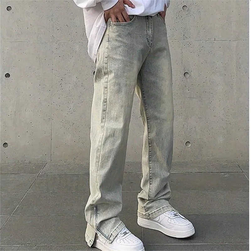 Mens Jeans Y2K Vintage Straight Leg Pants Solid Color Button Pocket Split Zipper Loose Trousers Spring Summer Clothing 035 S260612