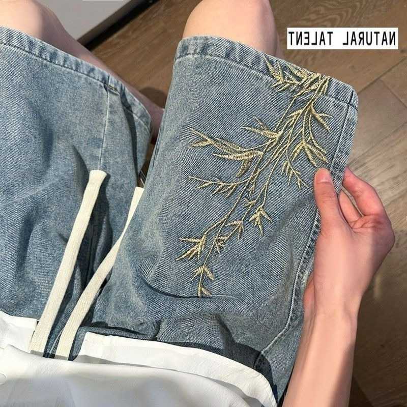 Washed Mens Retro 2026 Summer New Chinese Style Embroidered Denim Shorts Thin Loose Plus Size Streetwear 5-Pocket Capri Pants M260612