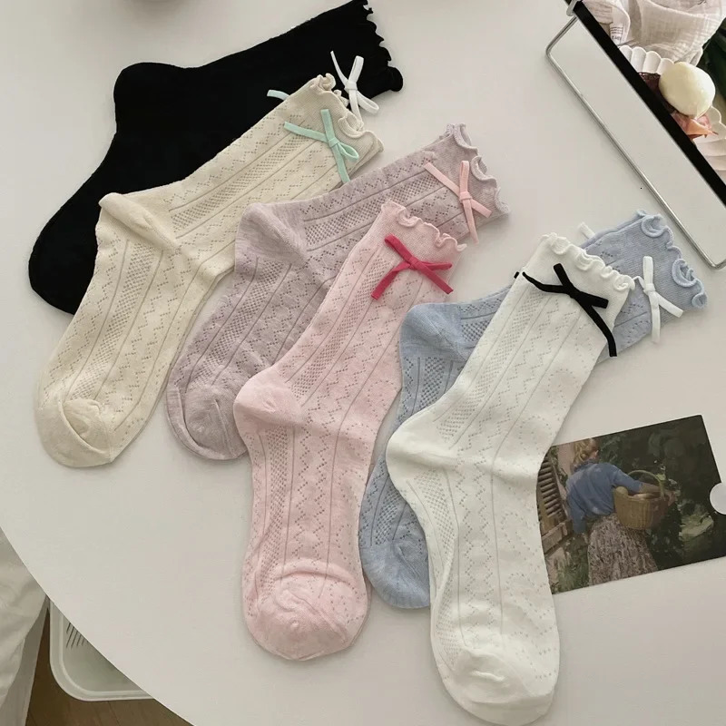 Ruffle Socks Women Cute Bow Lolita Sweet Girls Kawaii Socks Summer Hollow Out Mesh Thin Breathable Solid Color Loose Long Socks 260612
