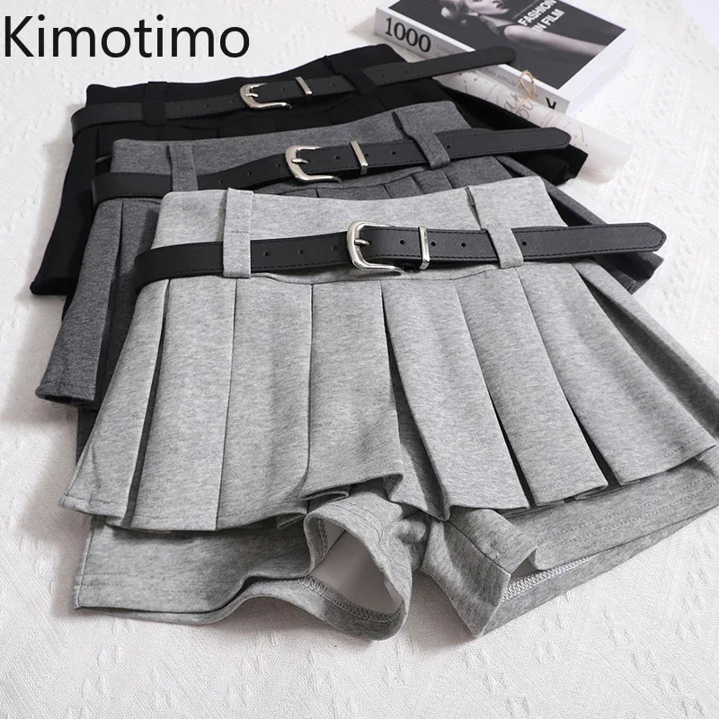 Kimotimo Womens Shorts Autumn Winter Belt High Waist Fluffy Pleated A-line Short Pants Korean Fashion Sexy Y2k All Match Clothes 260612
