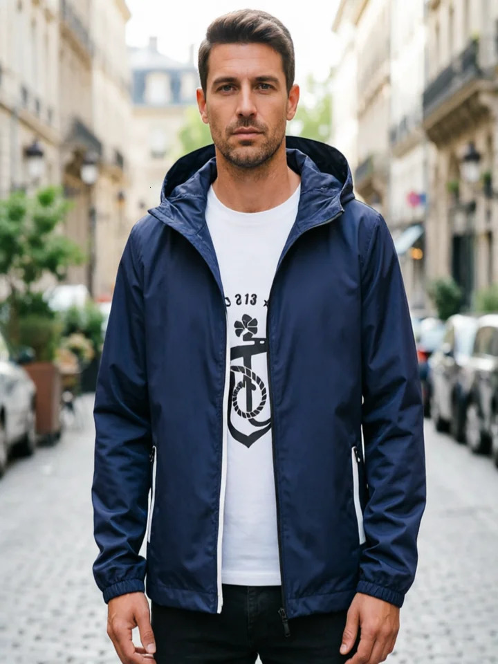 Spring Autumn Mens Casual Navy Hooded Jacket Lightweight Windbreaker ZipUp Outdoor Coat 260611