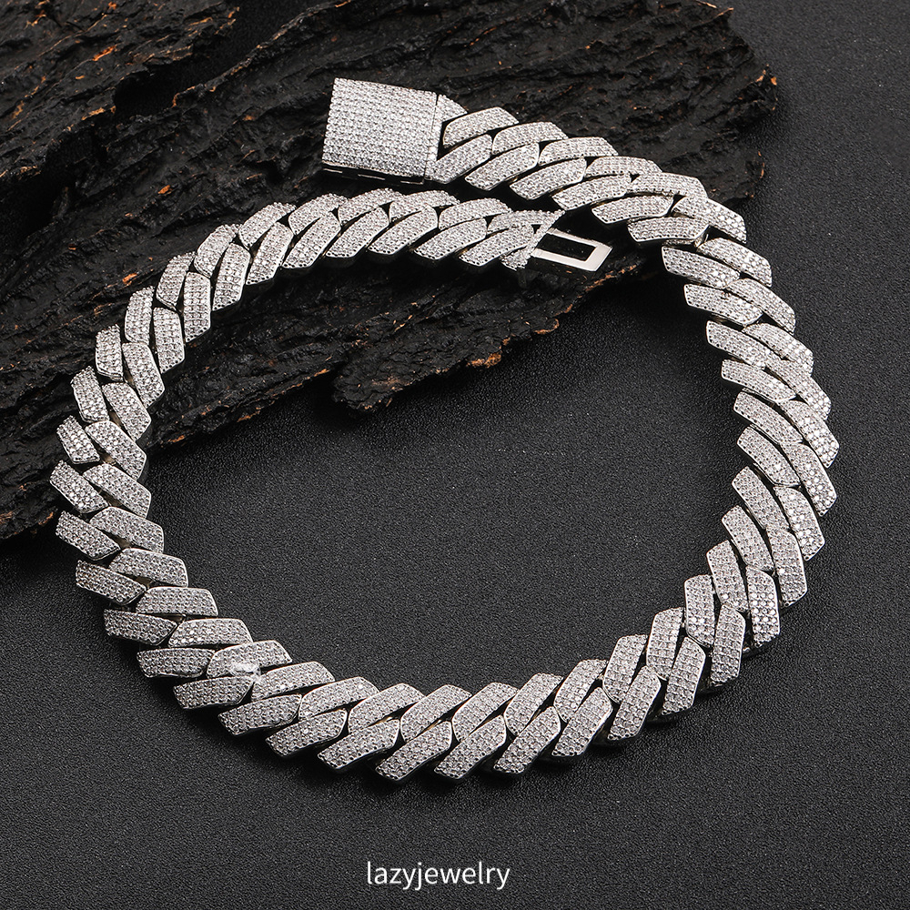 18mmVVS Moissanite Cuban necklace 3 rows of diamond set hip hop necklace Rock rapper exaggerated sparkle hip hop accessories Street hip hop classic