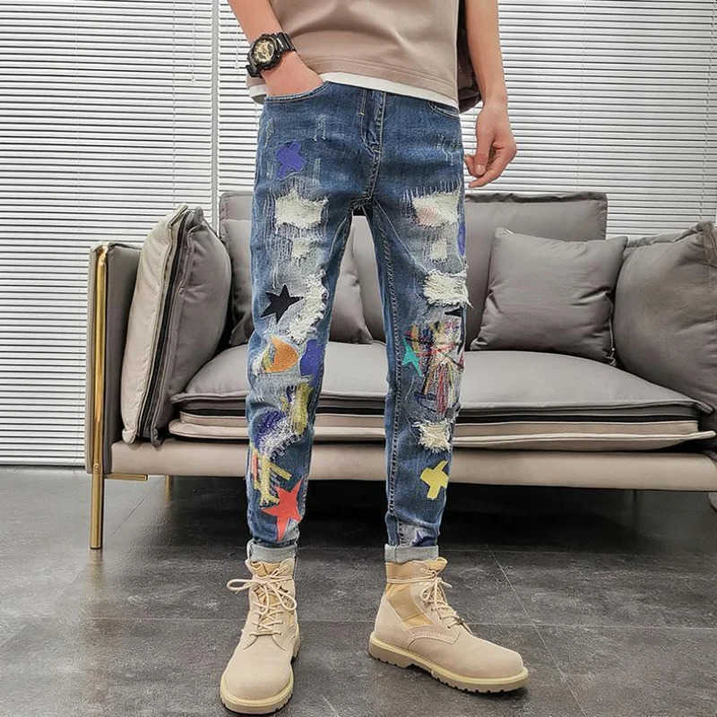 Mens Graphic Jeans Tapered Man Cowboy Pants with Print Torn Slim Fit Trousers Korean Retro Harajuku Xs XL S260612