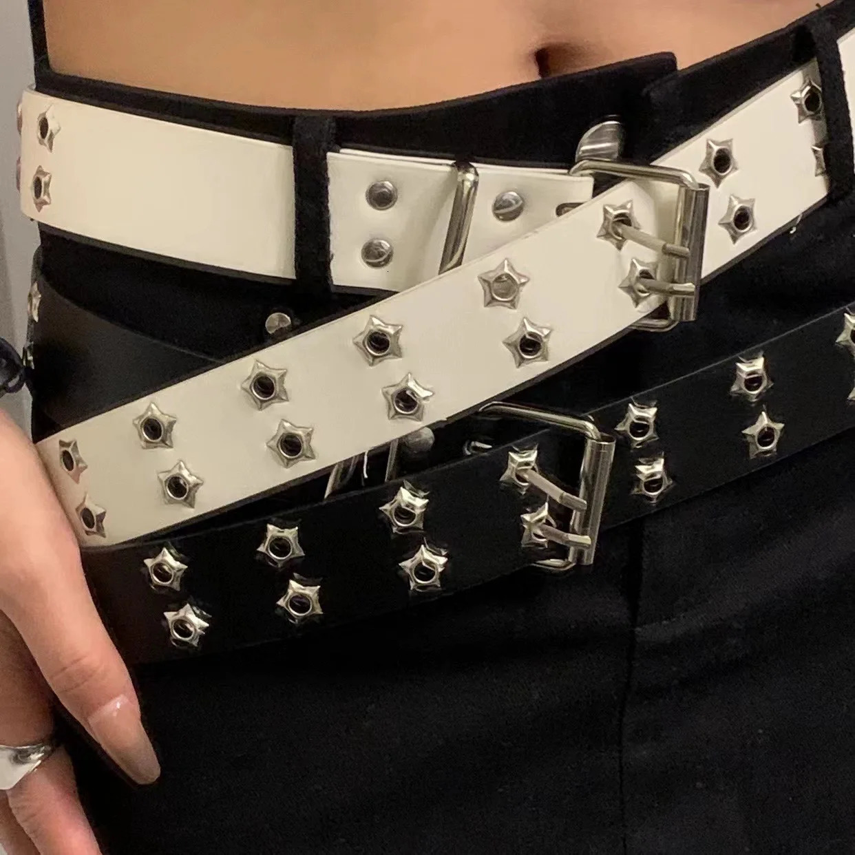 Y2K Punk Rivet Leather Belts Women Men Star PU Black White Waist Strap Double Row Hollow Trendy Waistband Jeans Skirt Decoration260605