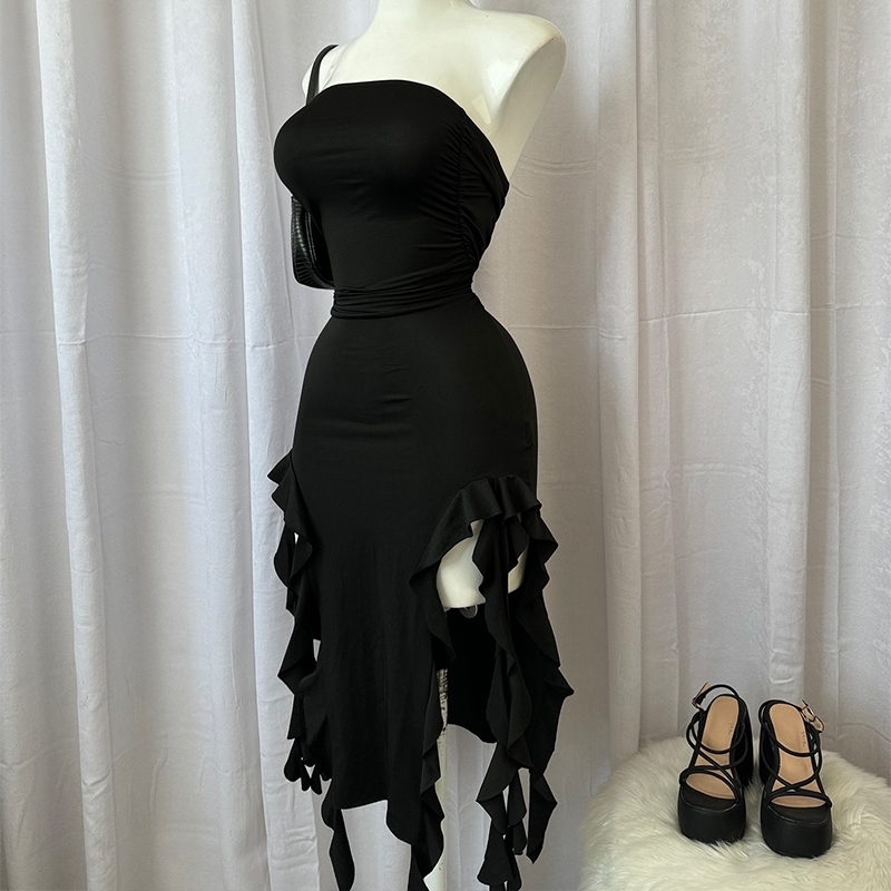 2024 Summer Maxi Womens Dress Vintage Elegant black Fashion Sleeveless Slim Backless Irregular Tassel Party Dresses Street Robe y260610