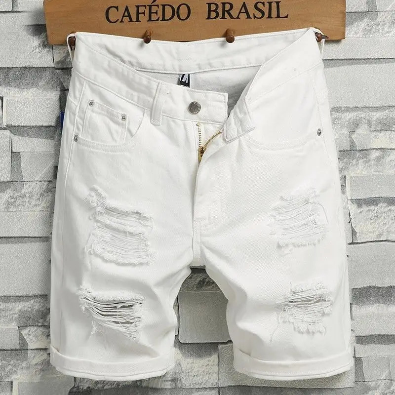 Mens Denim Shorts Summer Y2k Streetwear Ripped Casual Knee Length Solid Jeans White Classic 260611