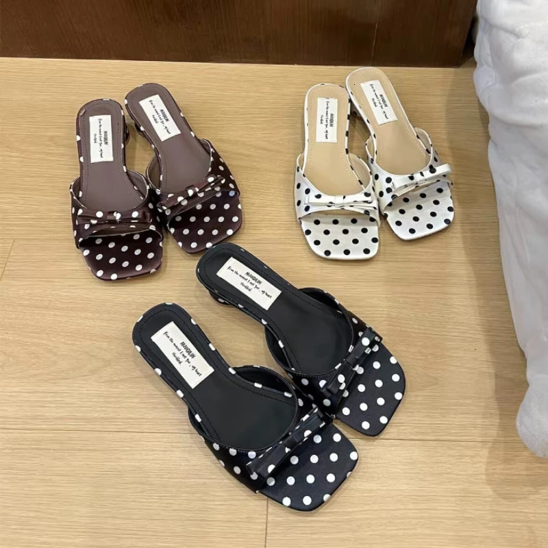 Sweet Polka Dot Summer Open Toe Women Slippers Concise Thick Low Heel Dress Shoes Outdoor Beach Vacation Slides Shoes 260612