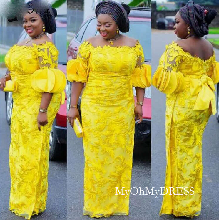 2021 Aso Ebi Style Prom Dress Long Yellow Lace Evening Dresses African Half Sleeve Vestidos De Fiesta Nigerian Women Gown Y612