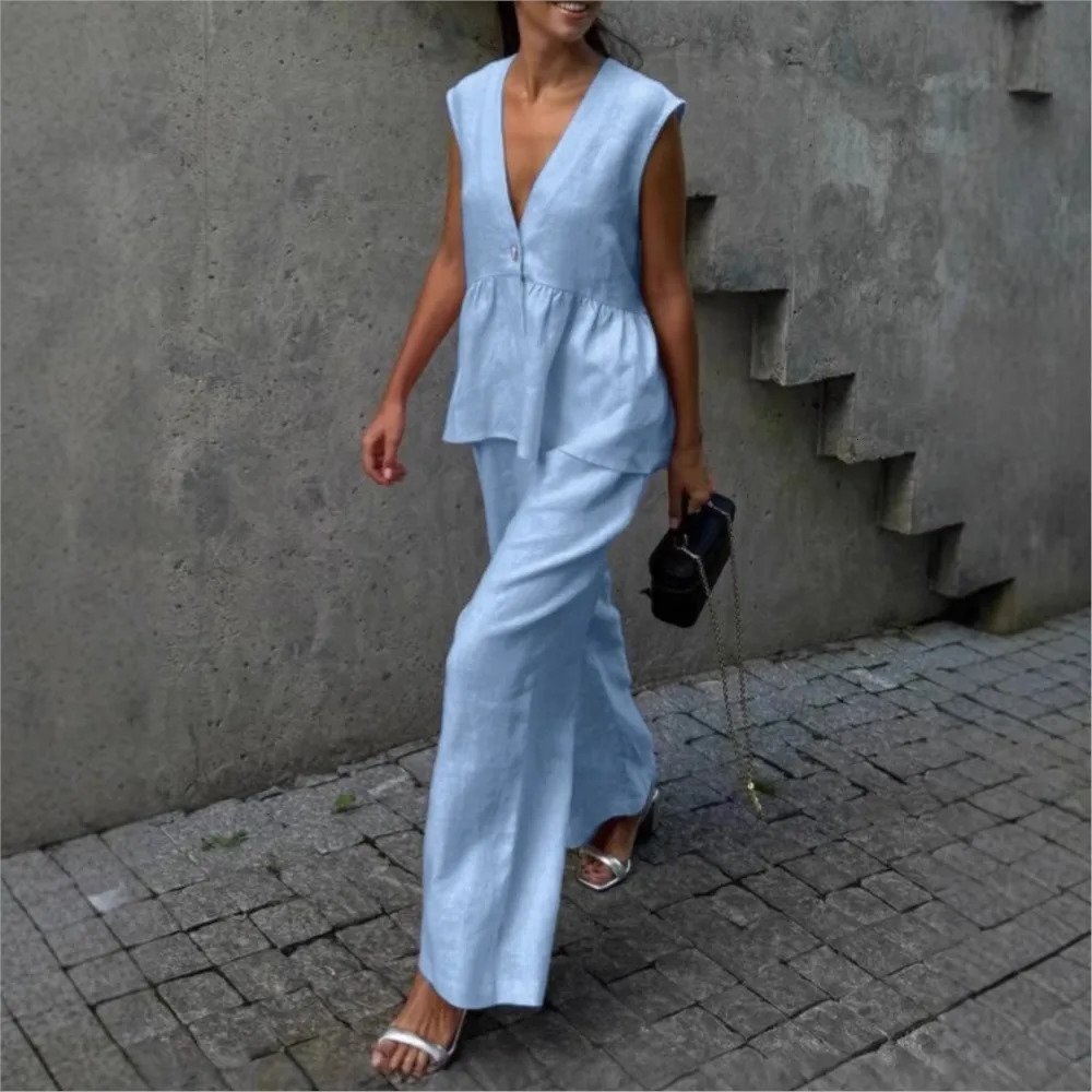 Casual Sleeveless Vest V Neck Blouse Trousers Cotton Linen 2 Piece Set Summer Solid Color Loose Trousers Female Suit 260611