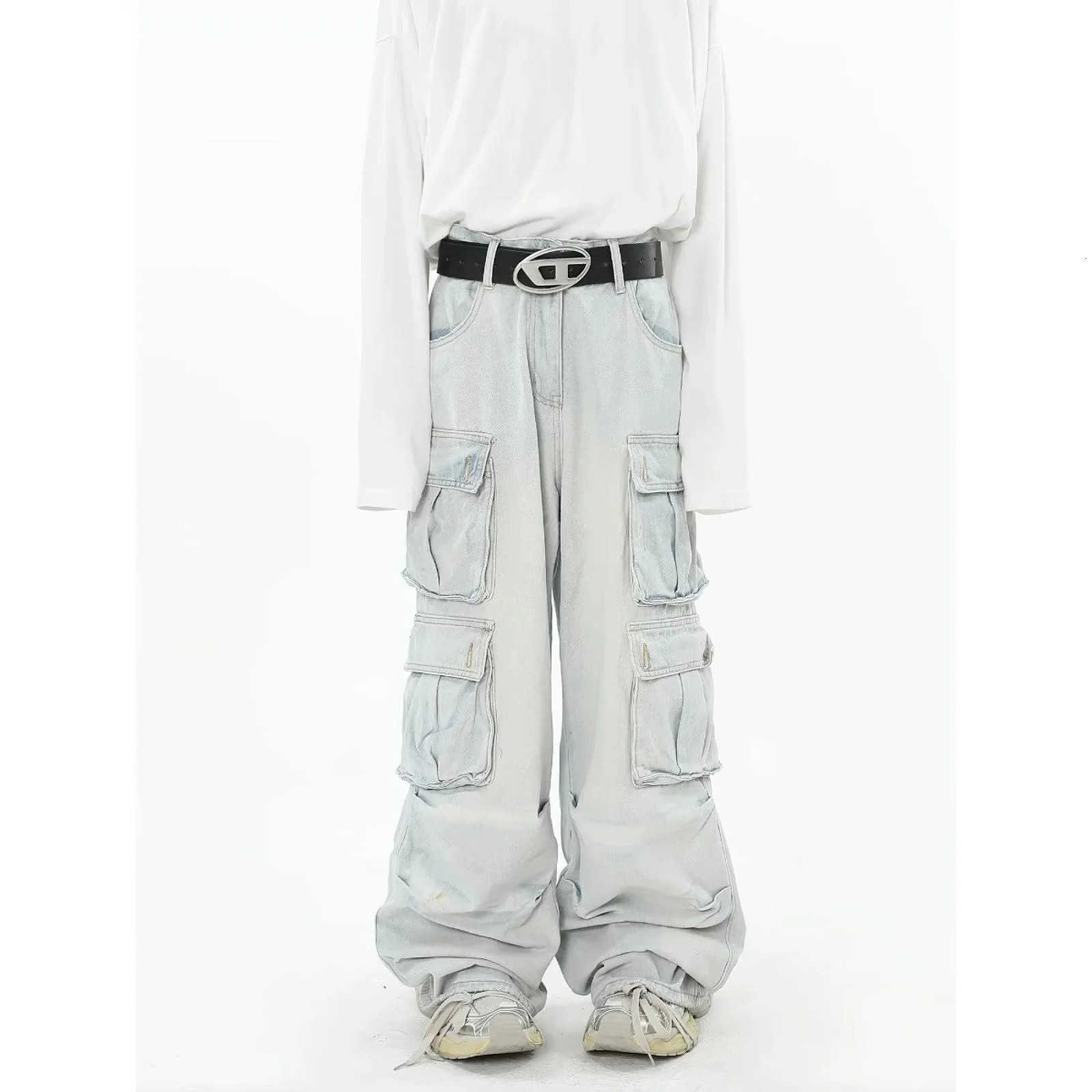 Style American Vintage Mens Jeans Multiple Pockets Wide Leg Cargo Pants Cross-border Trade European American Trousers S260612