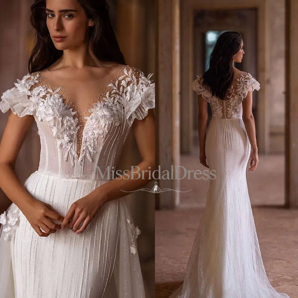 Elegant Mermaid Wedding Dresses Beads Appliques Lace Capped Sleeves Bridal Gowns Customized Button Back Sweep Train Vestidos Mb612