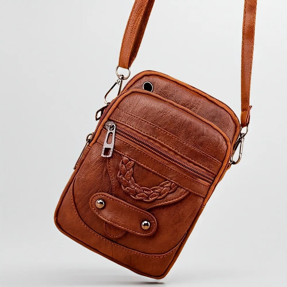 Multi-Functional Women Retro PU Crossbody Phone Bag Stylish Solid Color Soft Adjustable Strap Shoulder Bag Vintage Handbag 260610
