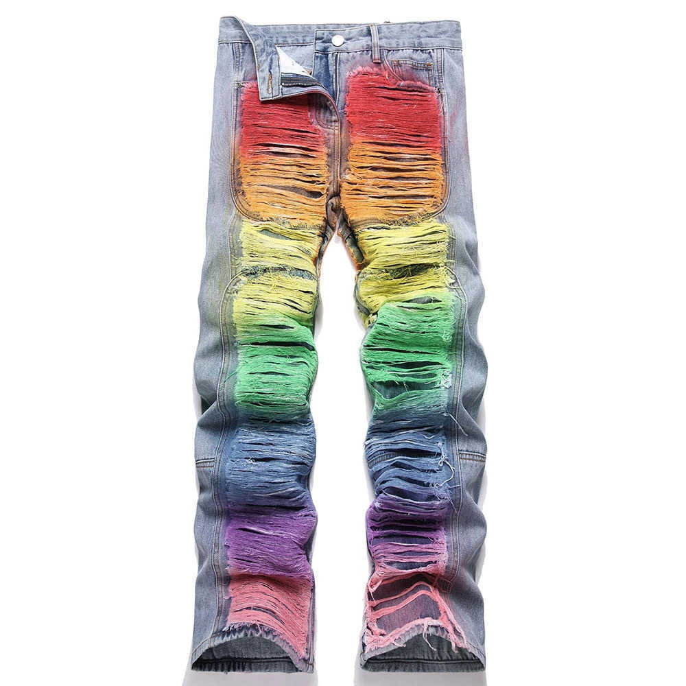 Rainbow Mens Jeans Colorful Graffiti Denim Pants Loose Straight Trousers 251201 S260612