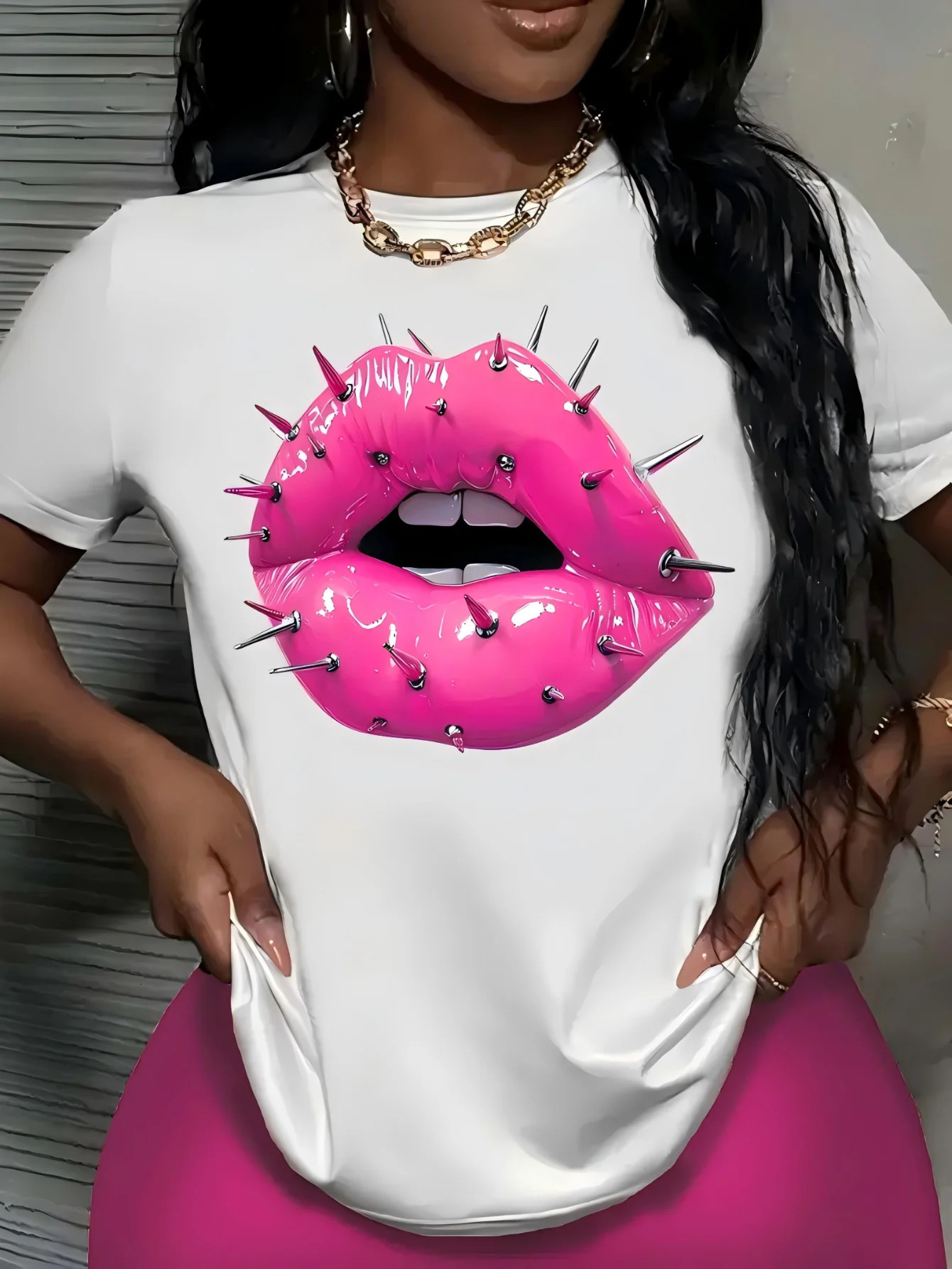 Womens Rock and Roll Steel Nail Lips Print TShirt Casual Crew Neck Short Sleeve Top for Summer Women Clothing 260612