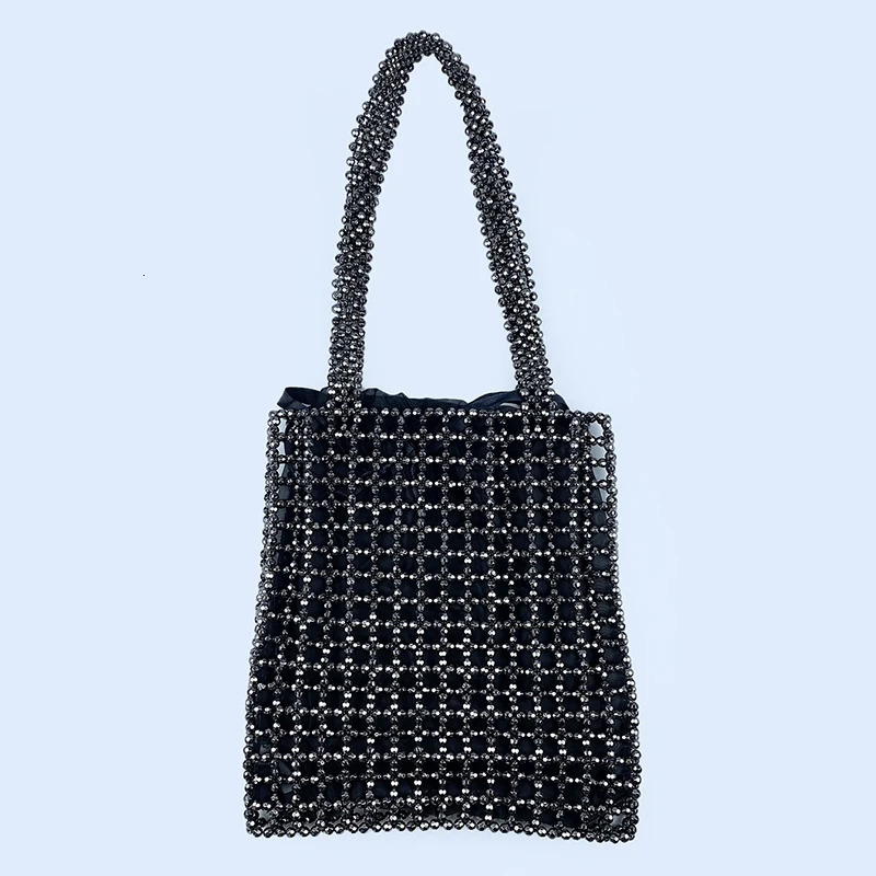 24 ins with gray openwork air quality versatile large-capacity casual handmade beaded shoulder bag 260610
