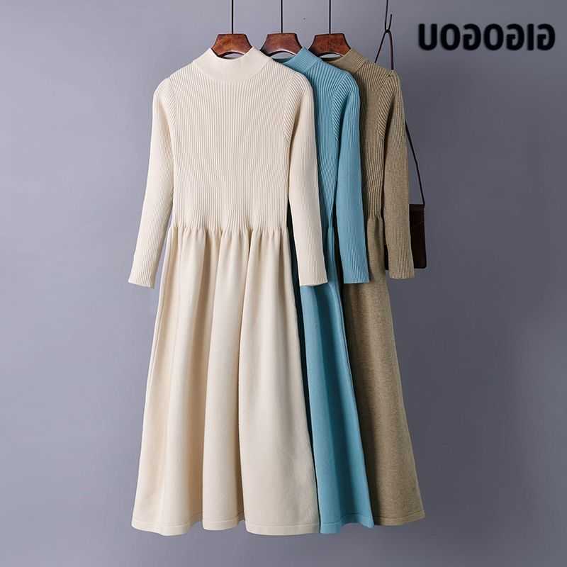 Dresses Casual GIGOGOU Long Knit Women A Line Dress Elegant Winter Warm Long Slve Pleated Dresses Christmas Party Dresses Femme Pull S260612