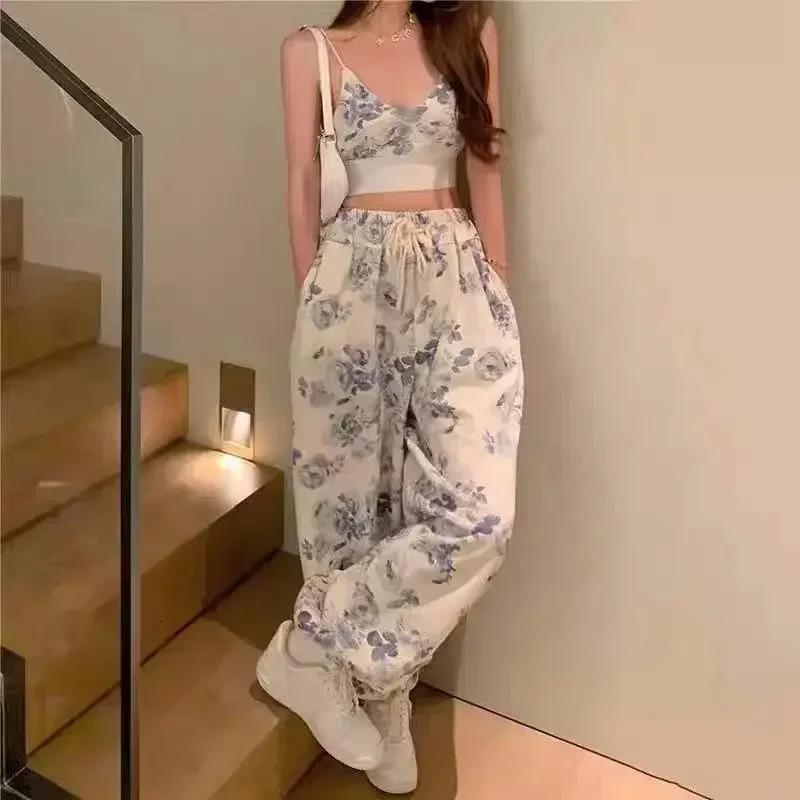 Korea 2 Piece Sets Womens Outifits Summer Clothes Floral VNeck Spaghetti Strap Camisole and Drawstring Elastic Waist Pants 260611