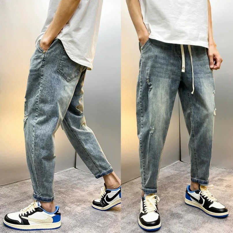 Mens Vintage Loosefit Harem Jeans Youthful Summer Style Ninepoint Hole Casual Scene Trend S260612