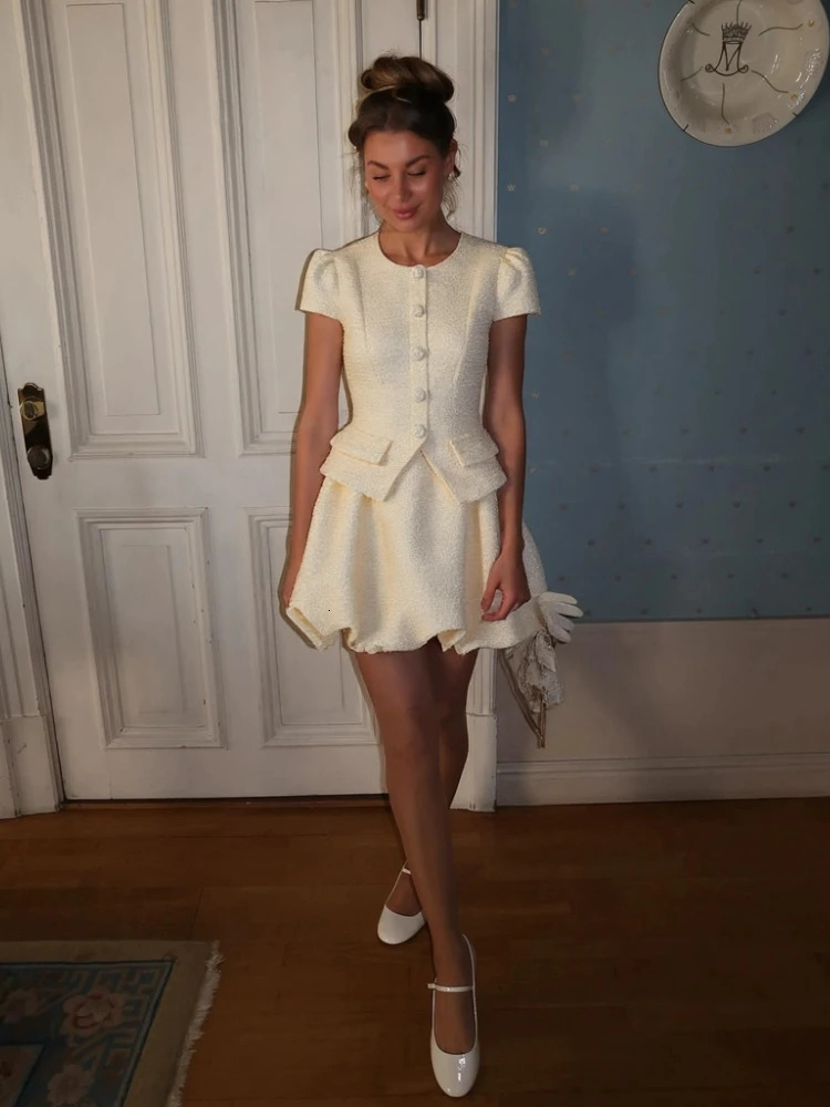 Elegant Solid Slim Womens 2 Pcs Suits Oneck Short Sleeve Single Breasted Tops High Waist Mini Bud Skirt Sweet Lady Outfit 260612