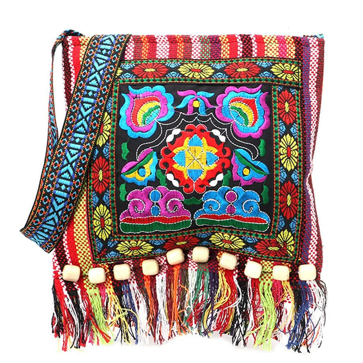 Boho Ethnic Style Embroidered Crossbody Bag with Tassel Decor for Women 260610