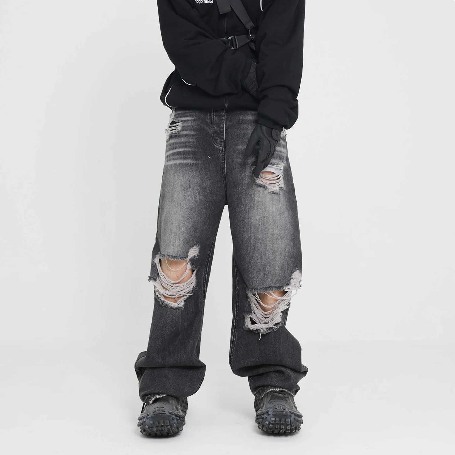 Black Retro Blue Straight Oversized Washed Torn Jeans Solid Color Jeans Baggy Hip Hop Wide Leg Jeans S260612