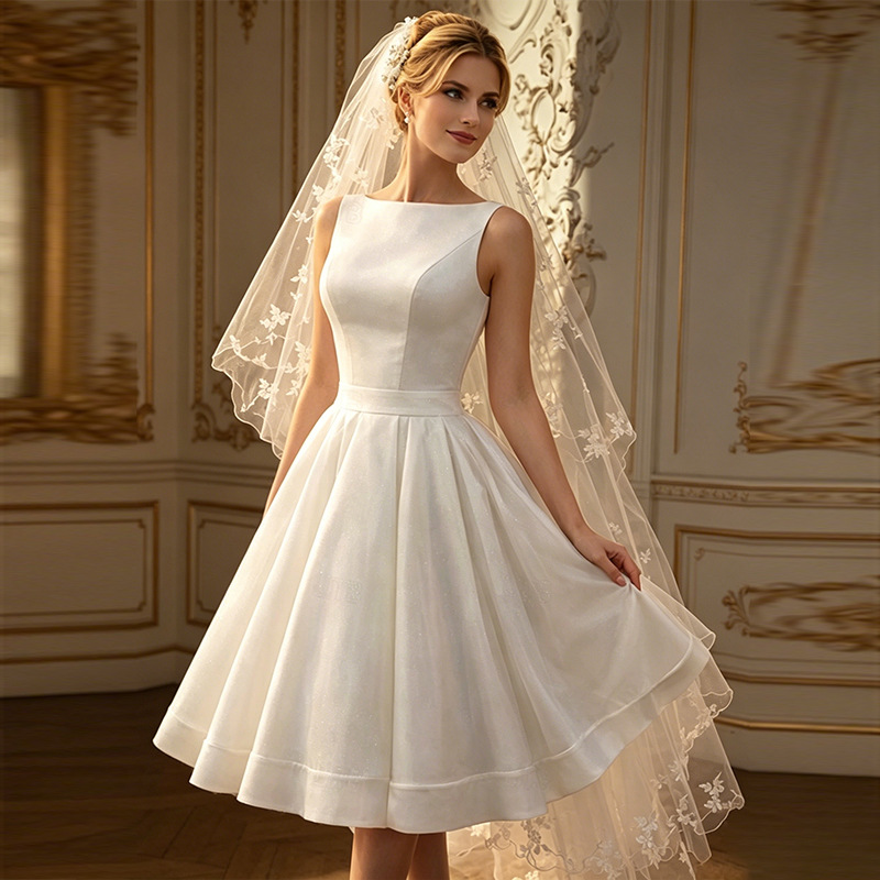 New Simple Short Wedding Dress Boat Neck Sleeveless Buttons A-line Beach Bridal Bride Party Gowns 2027 Vestido De Noival