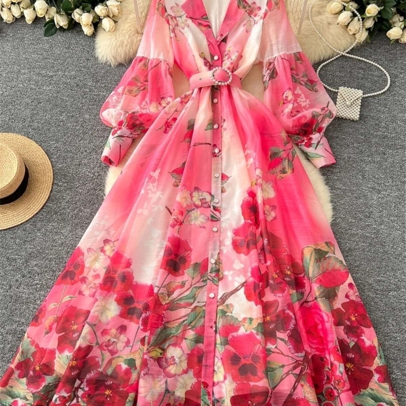 Vestito maxi floreale Donna Abiti lunghi per le vacanze estive Camicia Primavera Manica intera Monopetto Perle Abiti da festa 260611