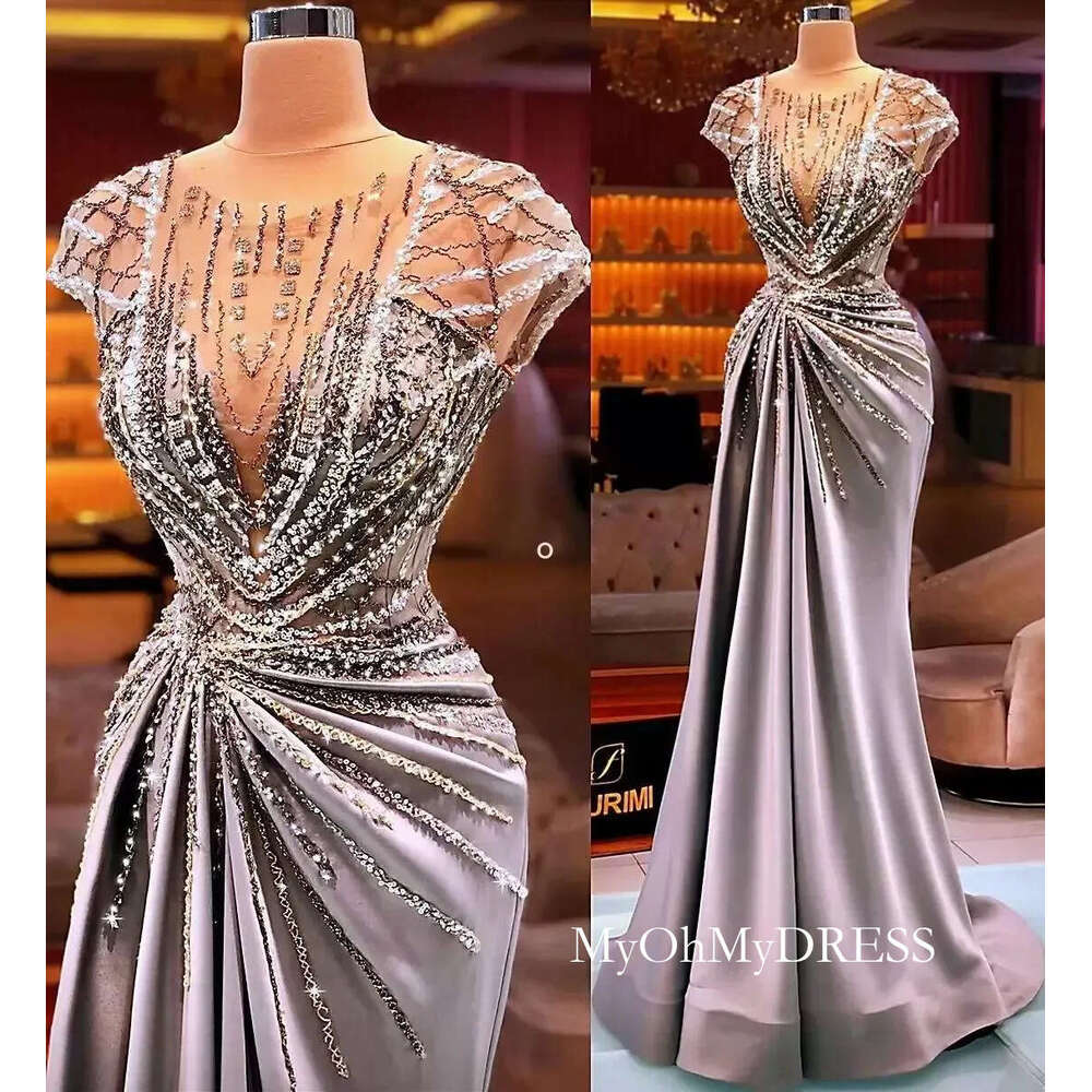 Plus Size Arabic Aso Ebi Silver Mermaid Luxurious Prom Dresses Sheer Neck Beaded Crystals Evening Formal Party Second Reception Gowns Y612