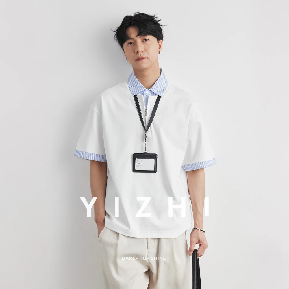 Trendy Halfzip Striped Splicing Polo Shirt Men 2026 Summer Lapel Loose Shoulder Casual Shortsleeved Tshirt