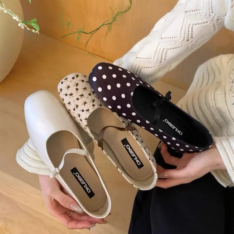 French Retro Polka Dot Mary Jane Womens Flats Shallow Small-Batch Satin Fairy-Style Ballet Shoes 260612