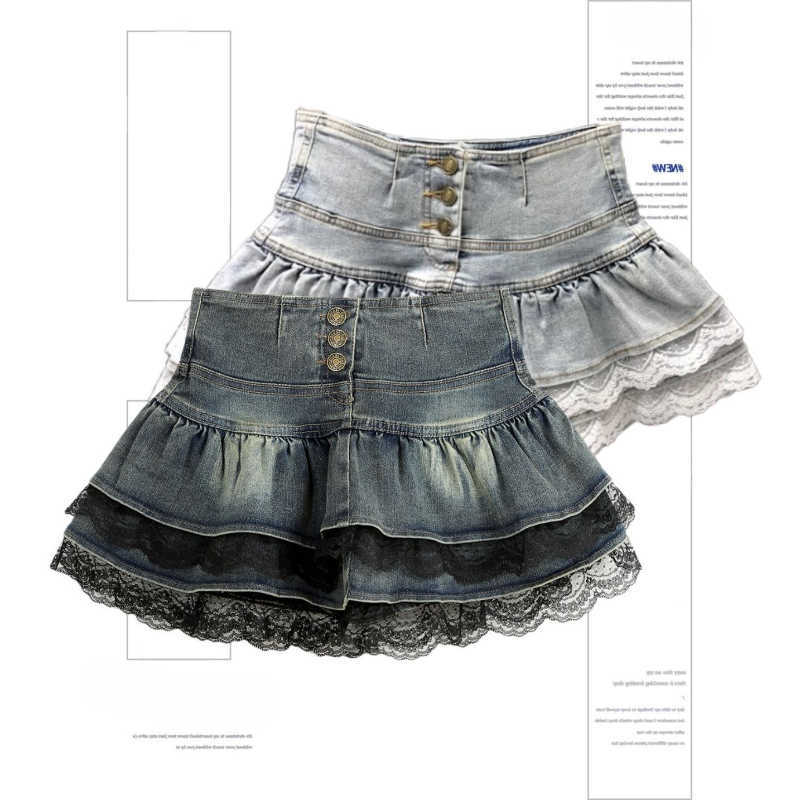 Skirt Woman Pleated Vintage Denim Lace Fold Design A-line Short Skirt Built in Shorts American Spicy Korea Fashion Hotsweet M260612