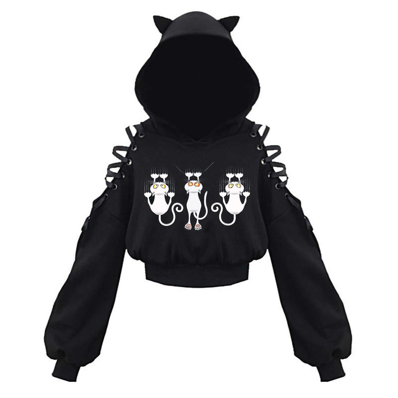 New black and white cat Japanese anime cute cat ear Cosplay bellybutton sweater enchanting hip hop womens wear L260612