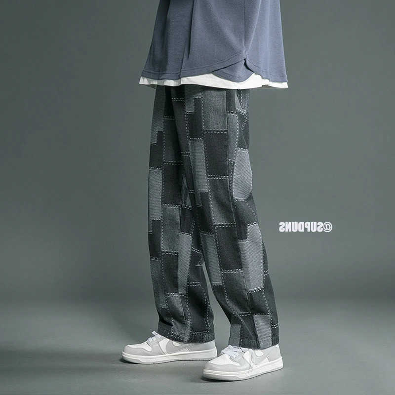 Jeans Autumn Vintage Geometric Patchwork Hip Hop Denim Pants Straight Loose Baggy Cowboy Trousers S260612