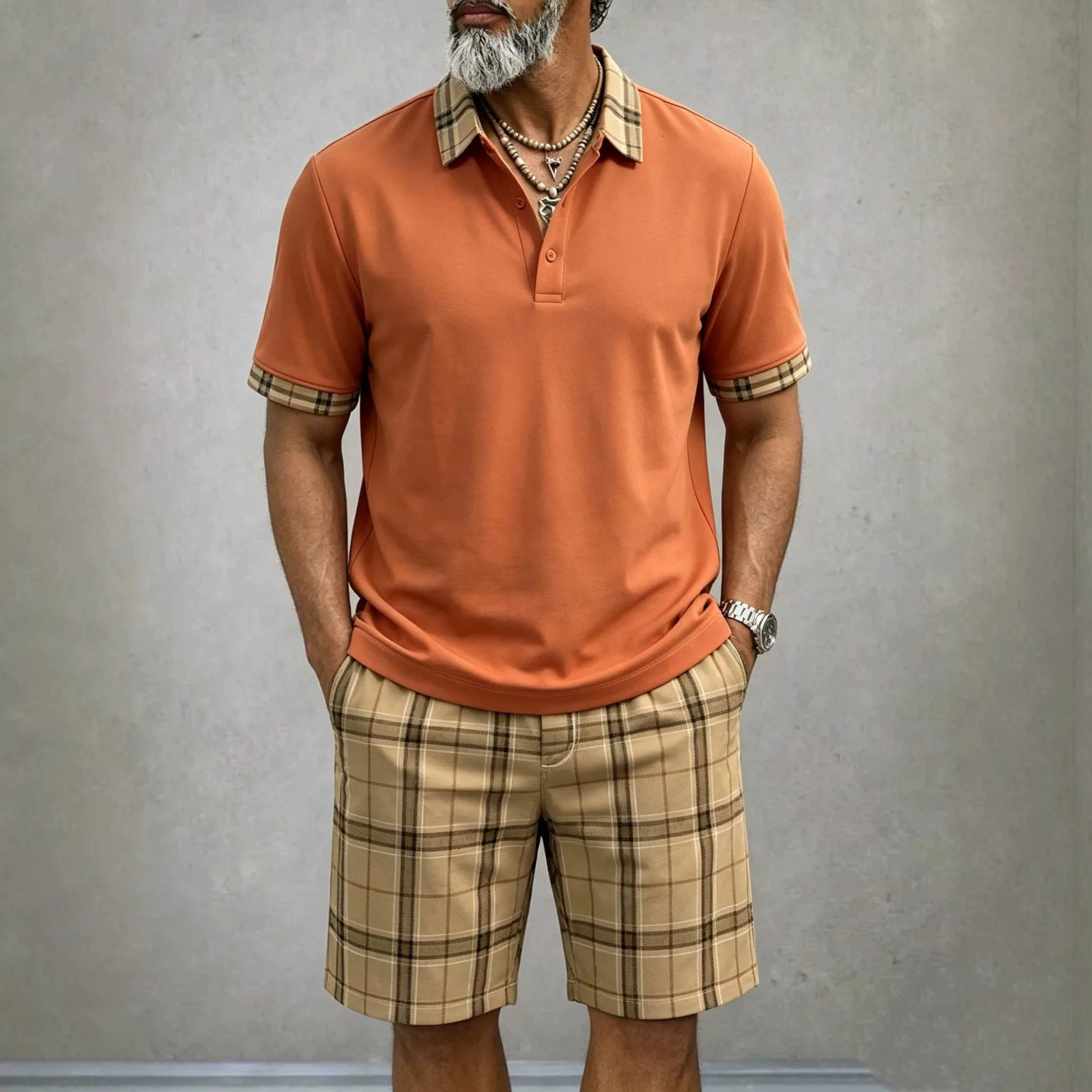 European and American Mens Casual Sports Suit 2026 Summer Grid Short sleeved lapel POLO shirt Shorts 2Piece Set