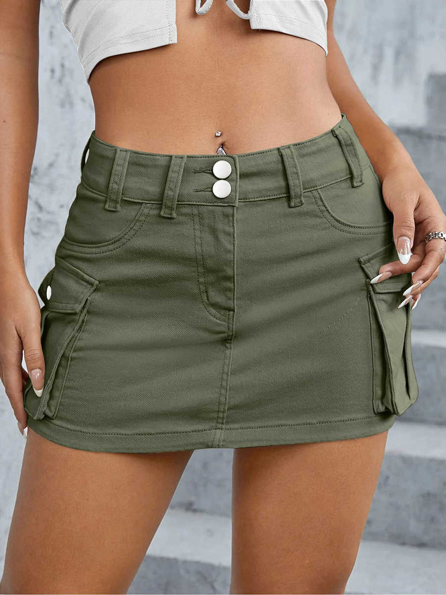 Cargo Women Y2k Skirt Mini 2000s Vintage Harajuku Low Waist Skirt Summer Slim Fit Solid Color Skirt with Pockets for Club M260612