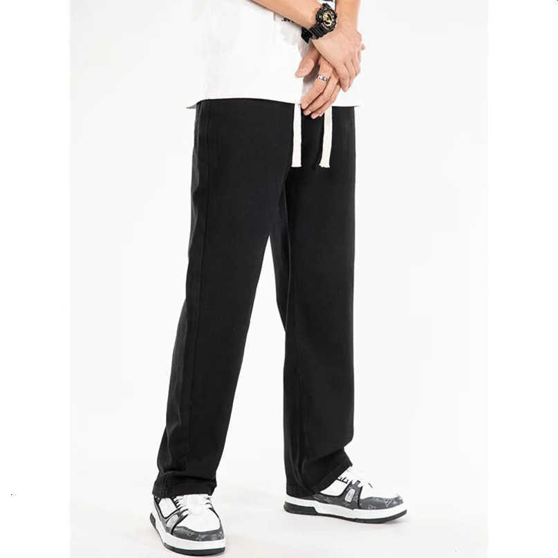 mens Korean bag jeans elastic waist classic olive straight leg denim wide pants light blue gray black S260612
