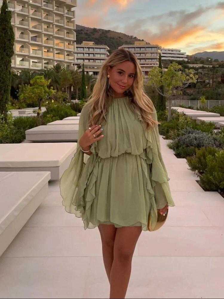 Dresses Casual Solid Ruffles Pleated Mini Dress Women Elegant O Neck Long Slve Loose Short Lady Party Vacation Strt Vestido S260612