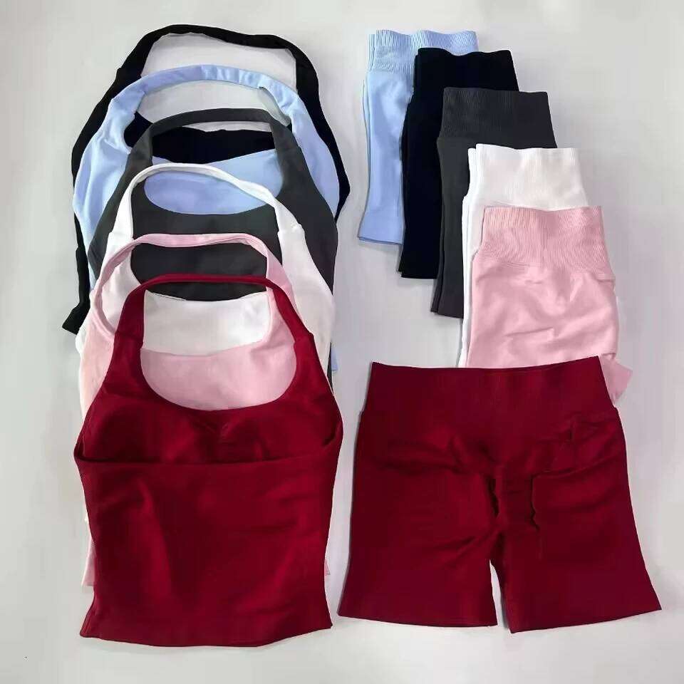 2pcs Women's Gym Set Backless Tank Top High Waist Scrunch Shorts Seamless Fitness Activewear Workout Suit 26L0612