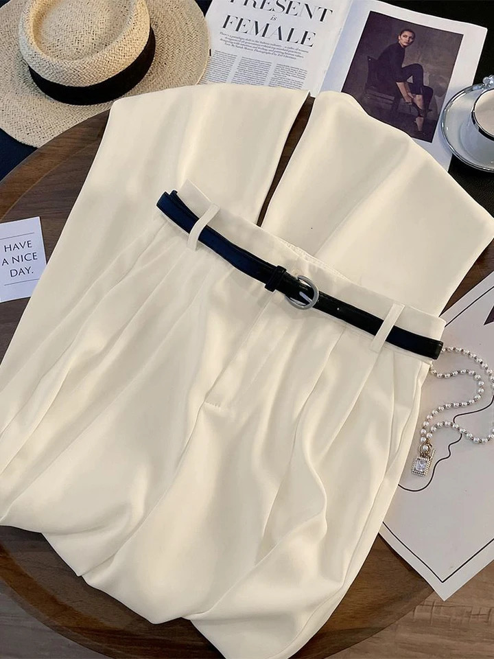 Loose with Belt Suit Wide Leg Pants Women Korean Elegant Office Lady Casual Straight Trousers Fashion High Waist Solid Pants 260611