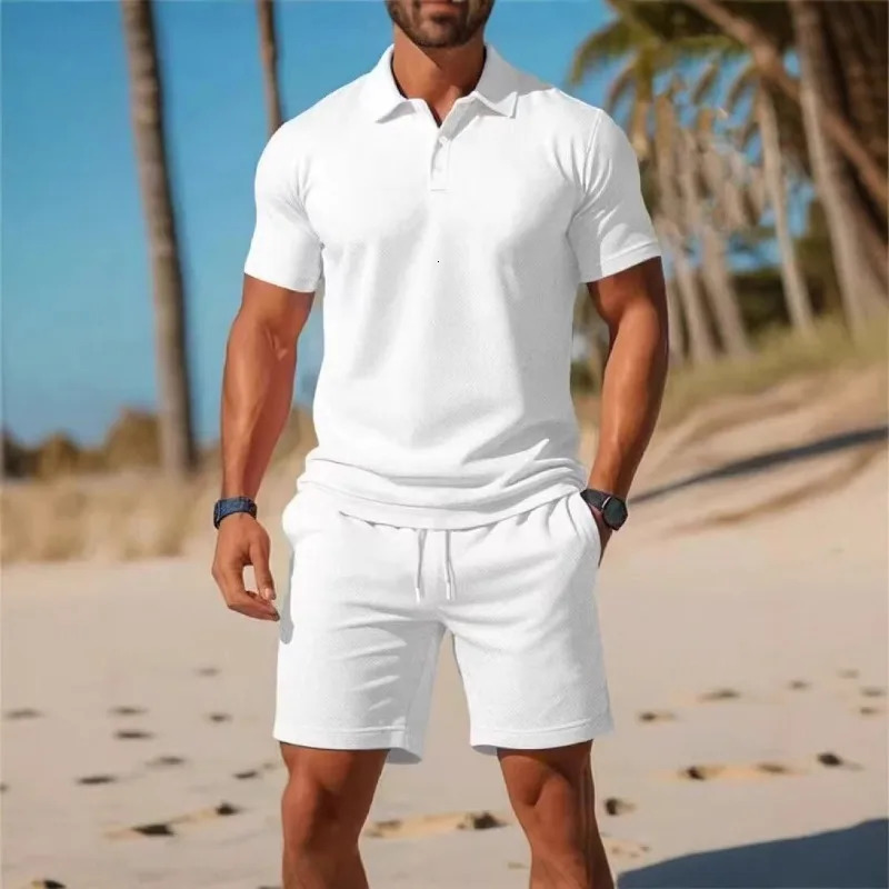 Mens Casual Short Sleeved Tshirt Shorts Sports Sets Collared Button Polo Shirt and TieUp Outdoor Breathable 2Piece