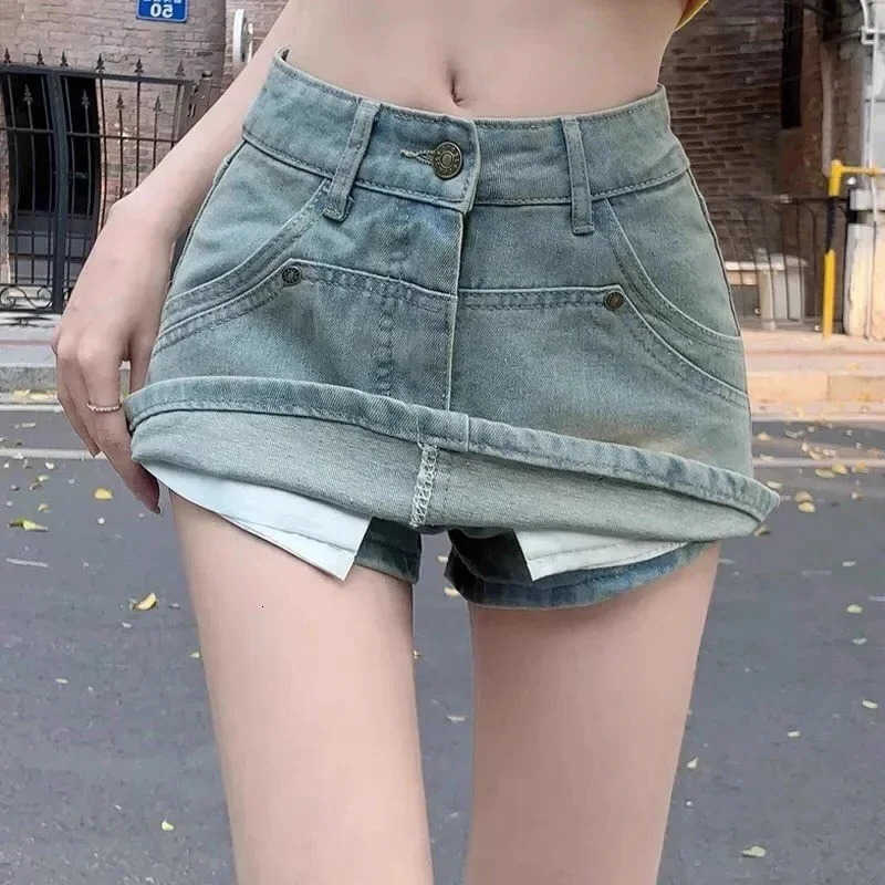Women High Waist Vintage Summer Shorts Skirts Lady Sexy Nightclub Denim Dress Female Punk Light Blue Black Grey Jeans Dress M260612