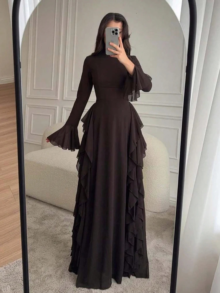 European and American Womens Elegant Casual High-Waisted Solid-Colour Bell-Sleeve Dress Long Dress with Long Sleeves 260610