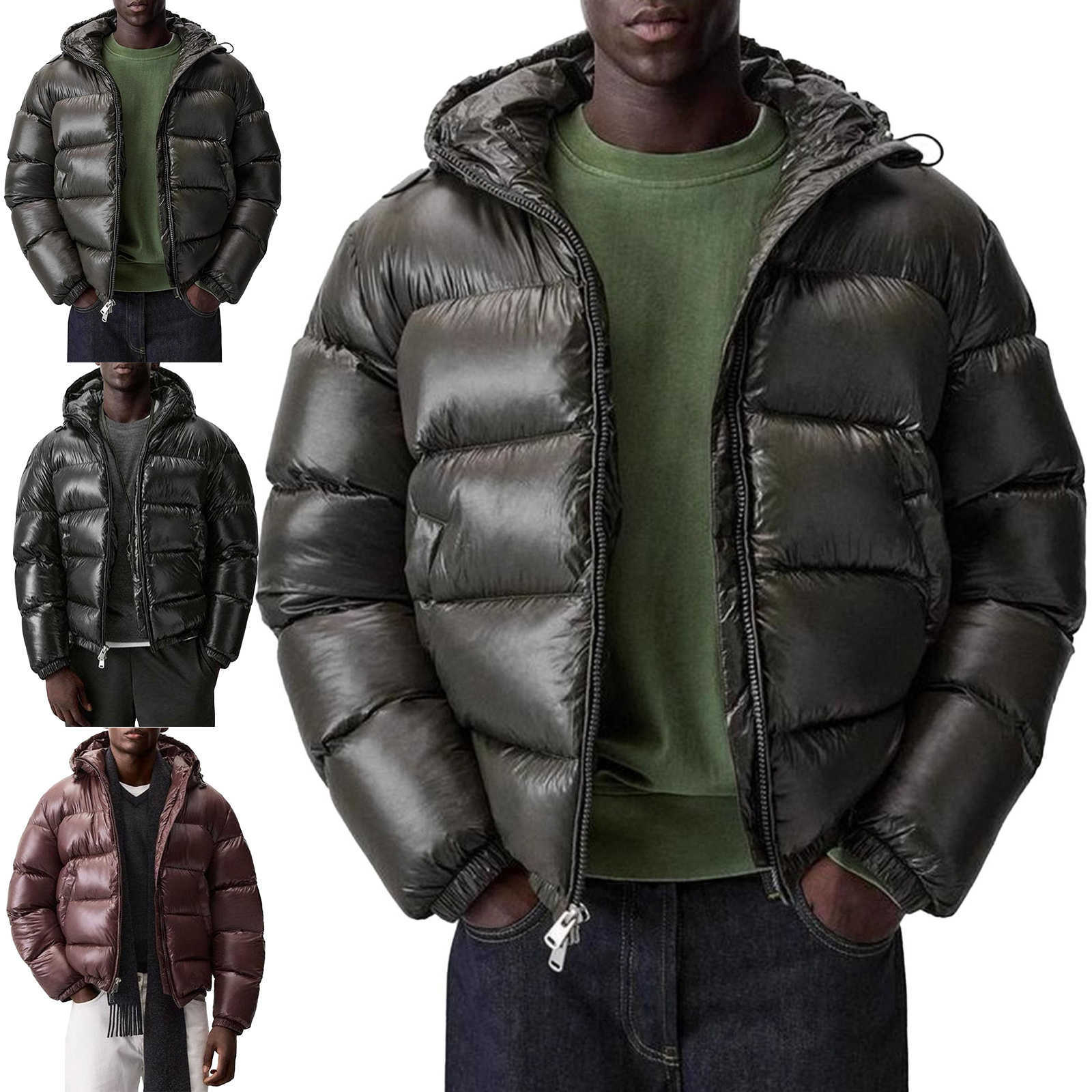 MenS Casual Warm Outerwear Solid Color Hooded Jacket Zipper Hood Thickened Down Coats Fashionable Hiking Camping Q260612