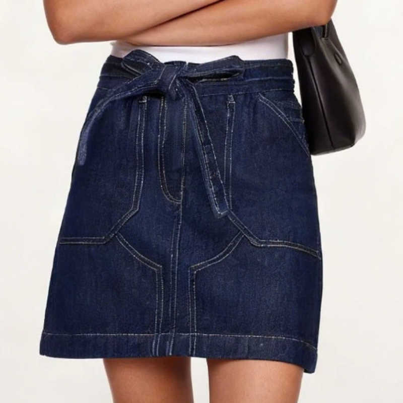 Denim Womens Vintage Spring Summer Mini Skirt Non-Stretch High Waist Belted Casual Streetwear Korean Y2K Fashion A-Line Skirt M260612
